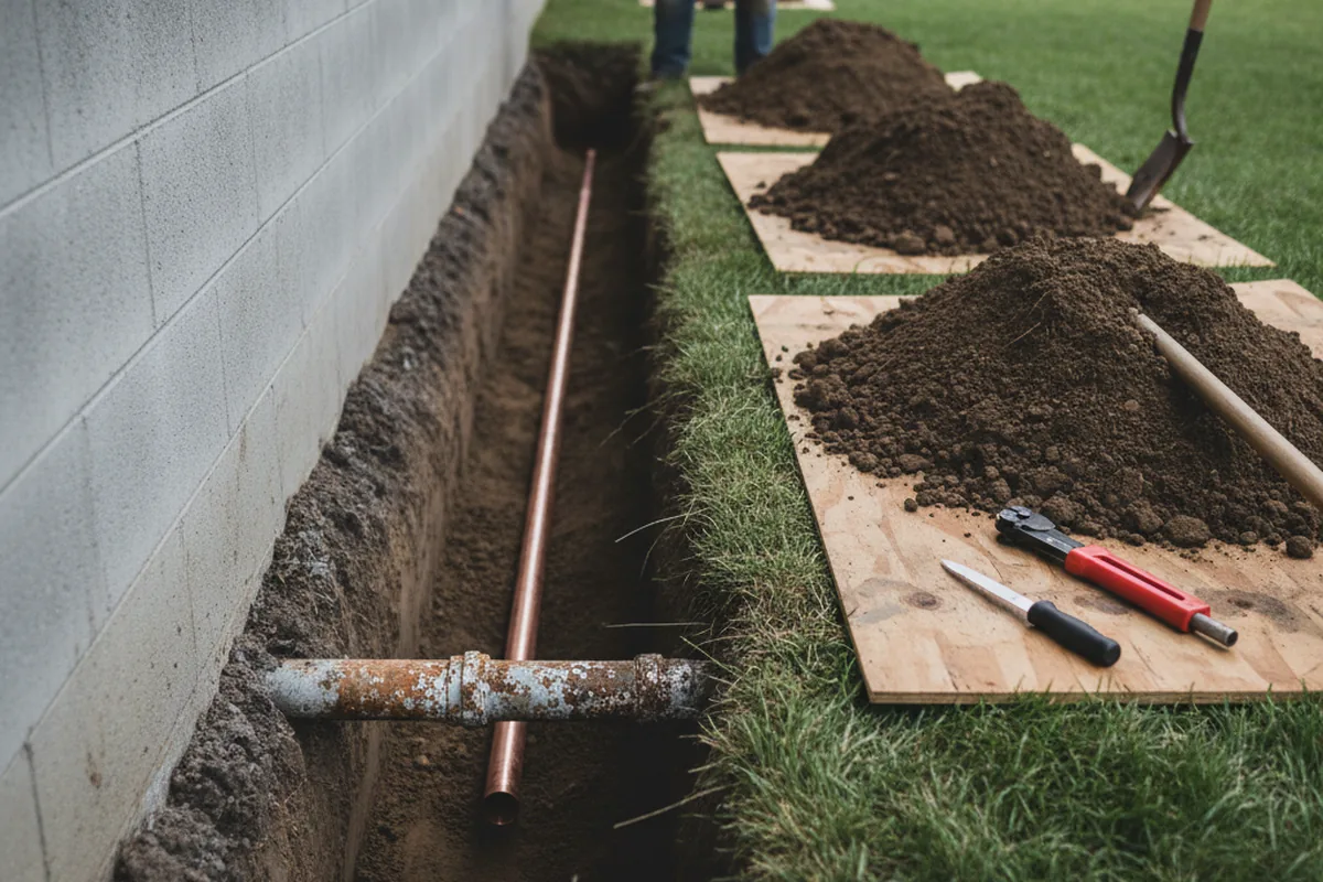 Excavated water line trench during Sewer Line Repair in Guerneville